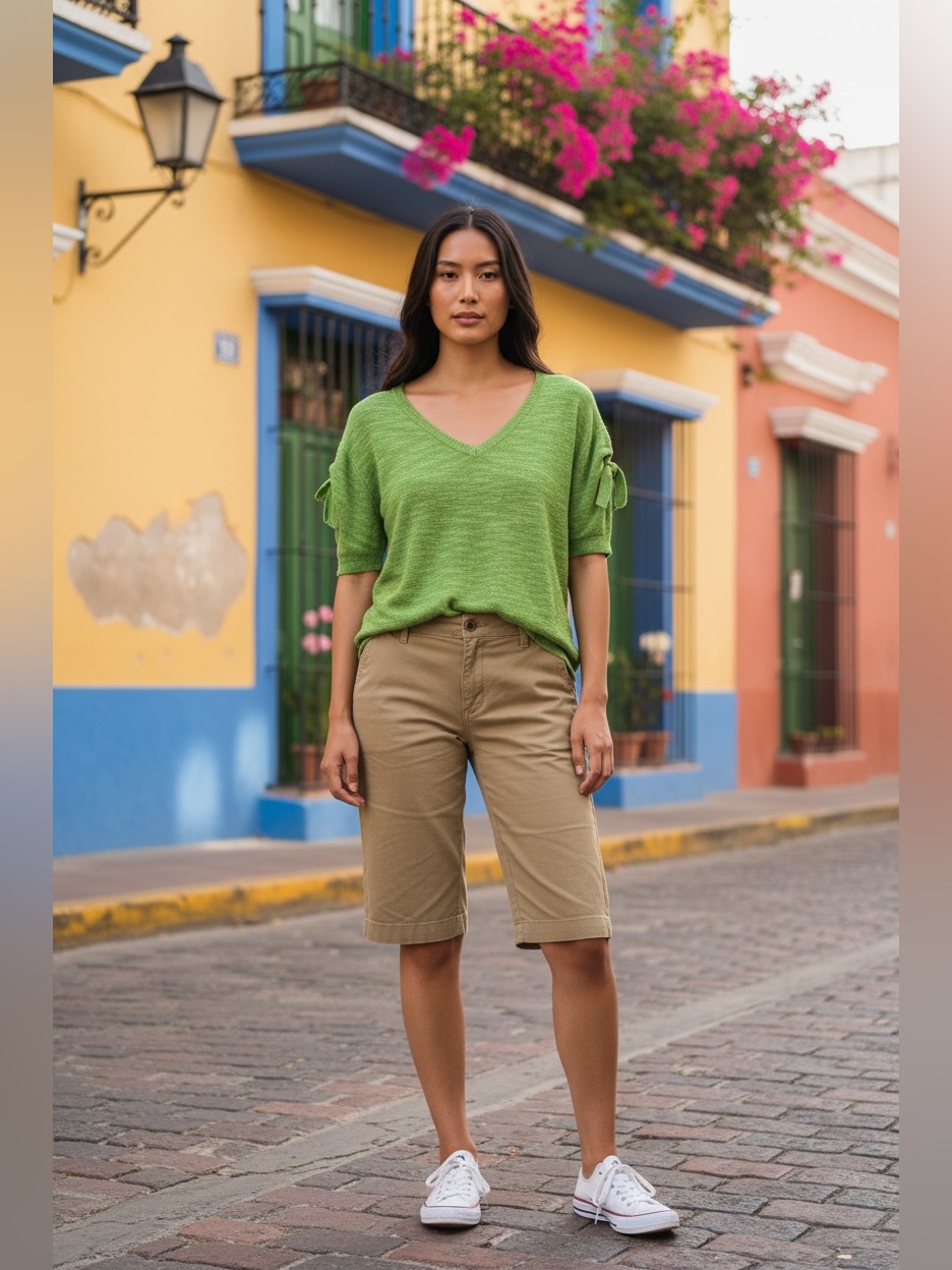 Minnie Rose Short Sleeve V-Neck Light Weight Sweater Lime Green